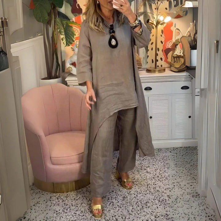 Tirenta - Lena, ensemble ample en coton et lin composé d’une tunique asymétrique et d’un pantalon large.