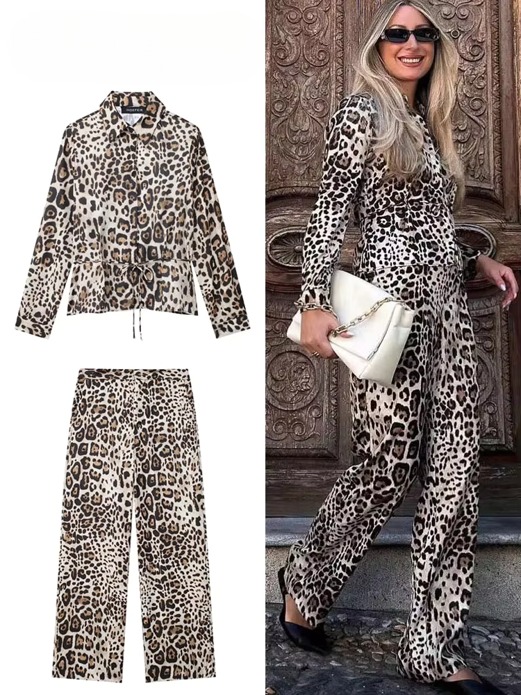 Ensemble Femme Chemise et Pantalon à Imprimé Léopard | Coupe Décontractée
