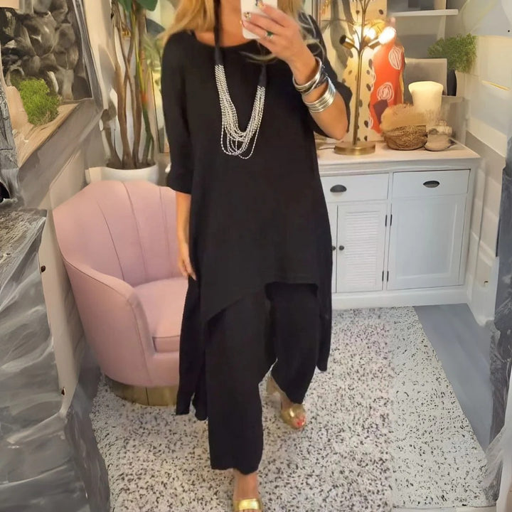 Tirenta - Lena, ensemble ample en coton et lin composé d’une tunique asymétrique et d’un pantalon large.