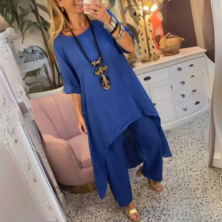 Tirenta - Lena, ensemble ample en coton et lin composé d’une tunique asymétrique et d’un pantalon large.