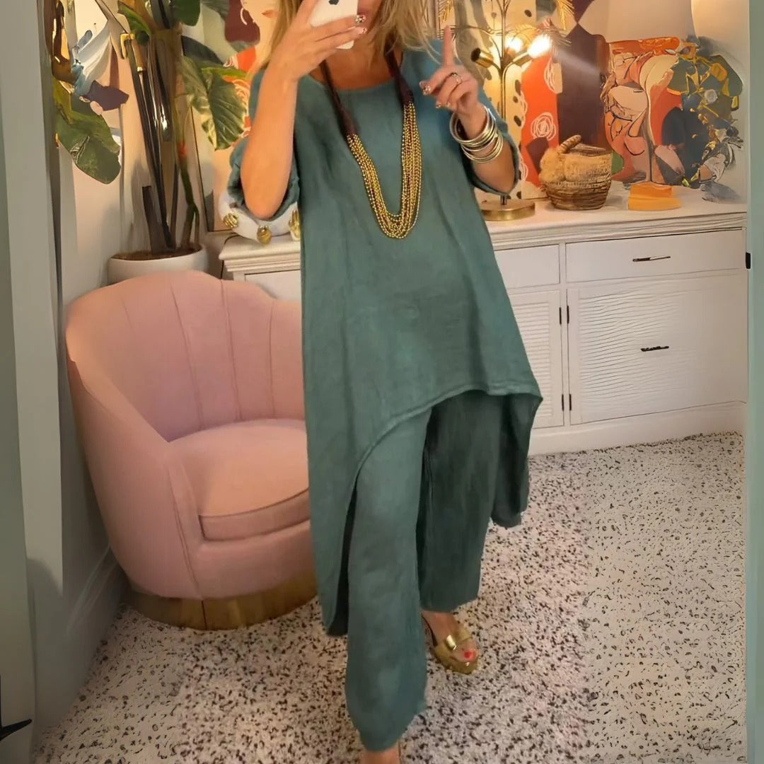 Tirenta - Lena, ensemble ample en coton et lin composé d’une tunique asymétrique et d’un pantalon large.