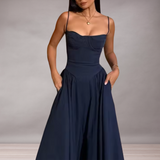Robe midi bustier à bretelles fines pour femme | Élégante
