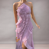Robe Longue Asymétrique Plissée avec Volants pour Femme | Élégante