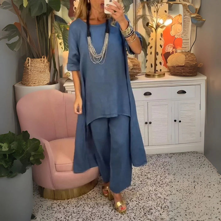 Tirenta - Lena, ensemble ample en coton et lin composé d’une tunique asymétrique et d’un pantalon large.