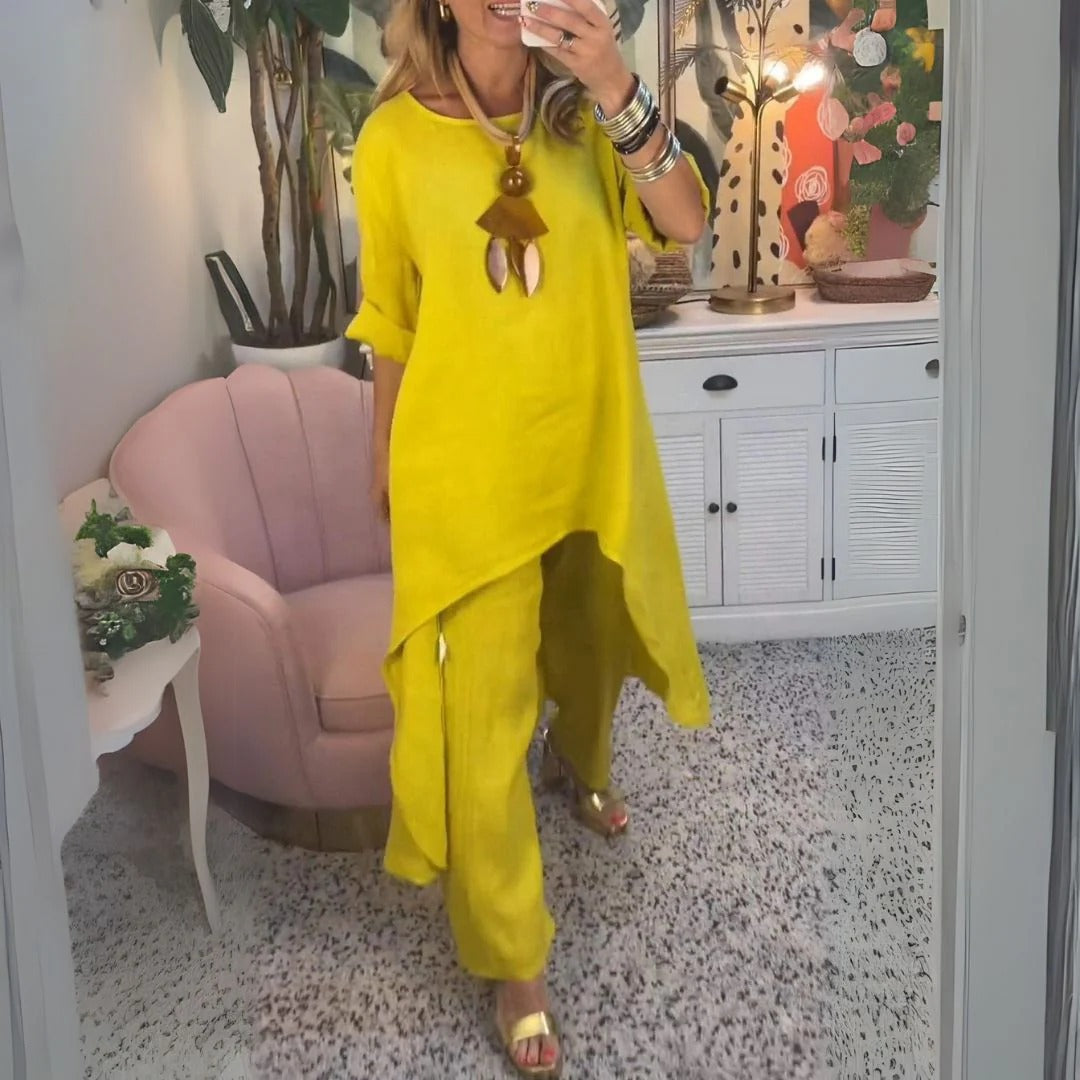 Tirenta - Lena, ensemble ample en coton et lin composé d’une tunique asymétrique et d’un pantalon large.