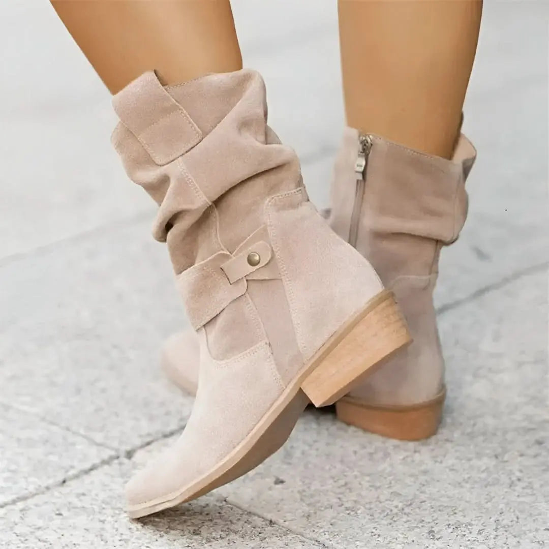 Bottes mi-mollet pour femme – talon bas, fermeture éclair latérale, bout rond
