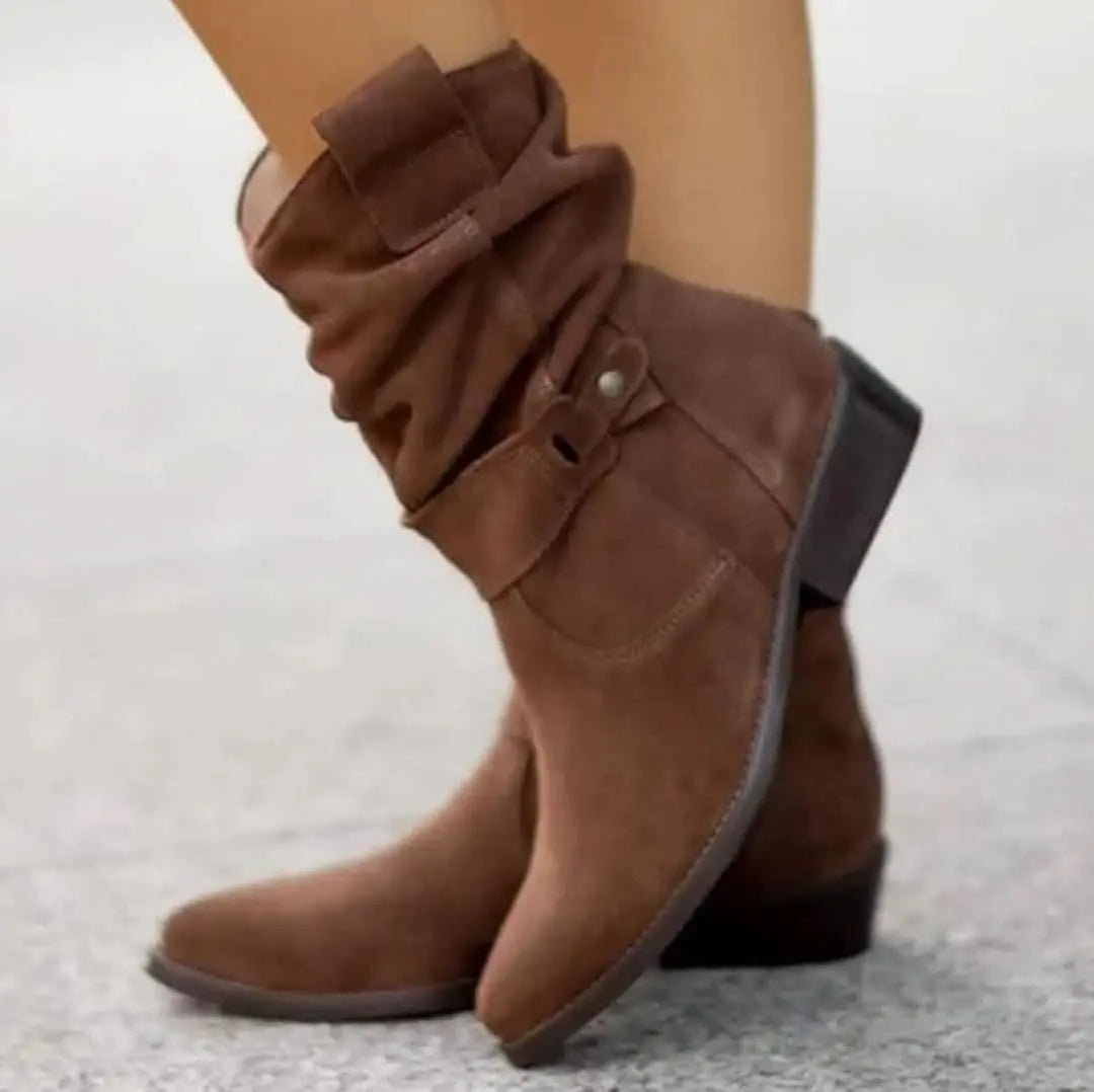 Bottes mi-mollet pour femme – talon bas, fermeture éclair latérale, bout rond