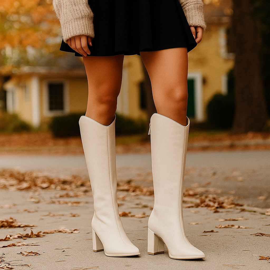 Bottes montantes à talon carré pour femme – fermeture éclair latérale, bout pointu