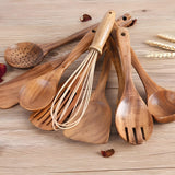 Ensemble d’ustensiles de cuisine 11 pièces - TeakWooda - Avec support - Bois naturel
