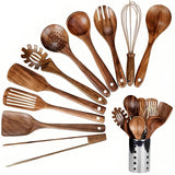 Ensemble d’ustensiles de cuisine 11 pièces - TeakWooda - Avec support - Bois naturel