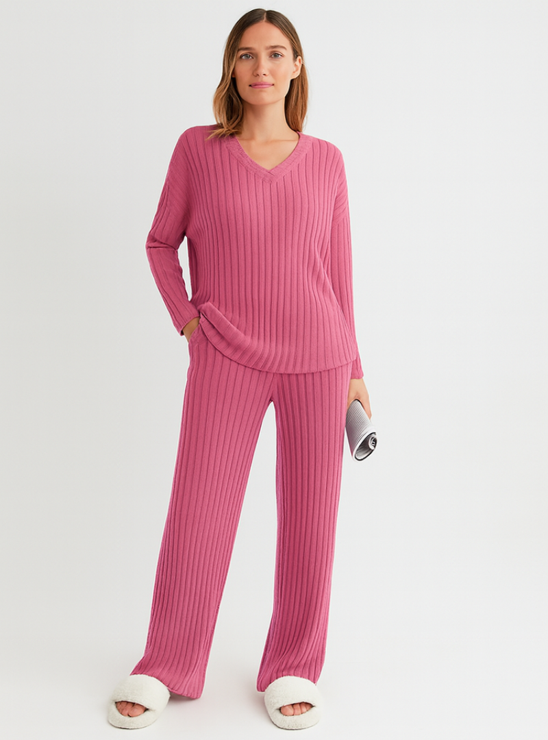 Ensemble deux pièces pour femme | Haut à col en V et pantalon à jambes larges