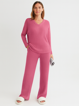 Ensemble deux pièces pour femme | Haut à col en V et pantalon à jambes larges