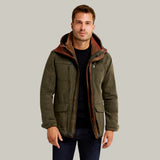 Płaszcz zimowy męski – model z kapturem i strukturalnymi wykończeniami