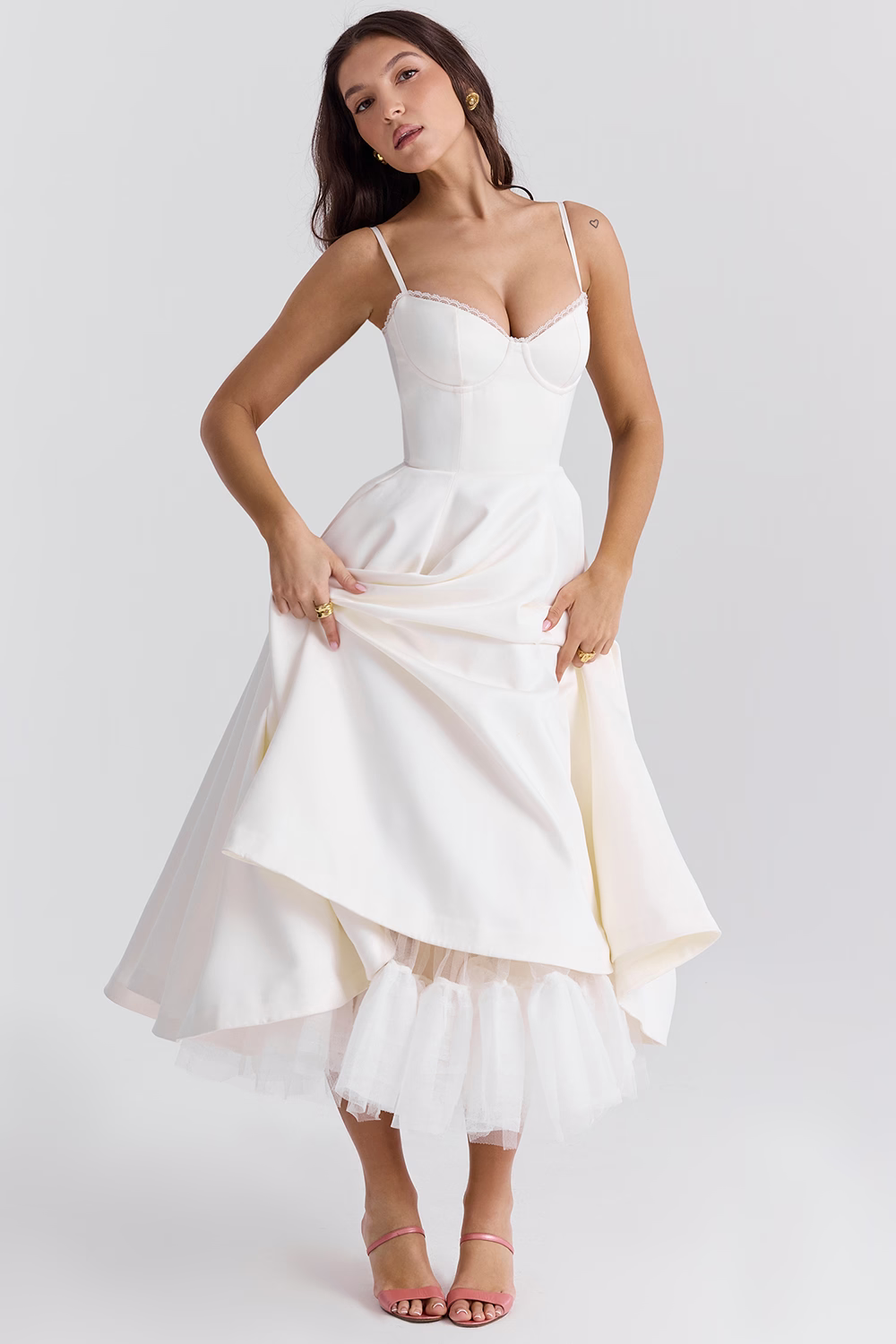 Robe de mariée à bretelles réglables | Robe midi en tulle