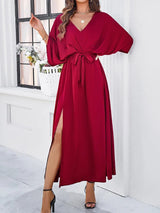 Robe de mariée à col en V – robe longue pour femme – ceinture à la taille