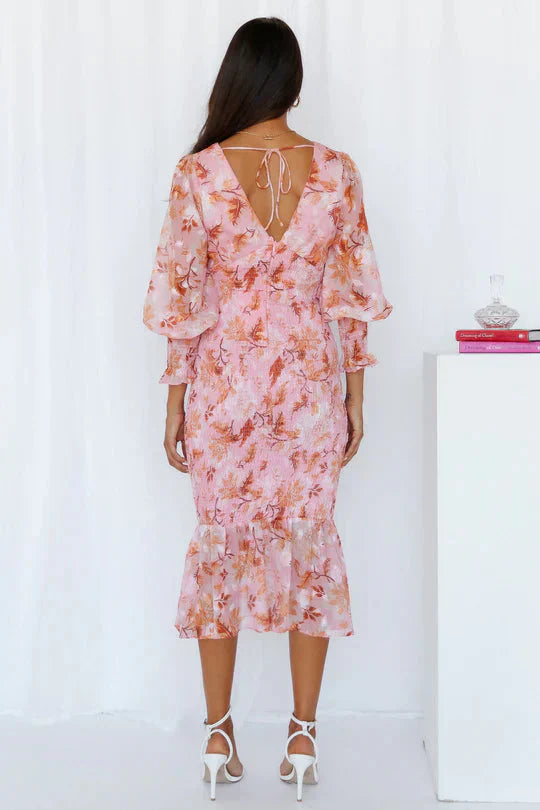 Tirenta | Robe Midi Fleurie à Manches Bouffantes