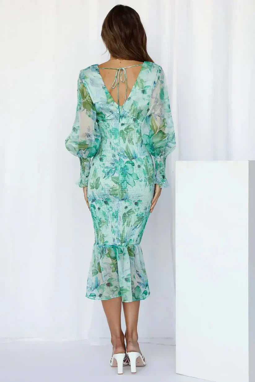 Tirenta | Robe Midi Fleurie à Manches Bouffantes