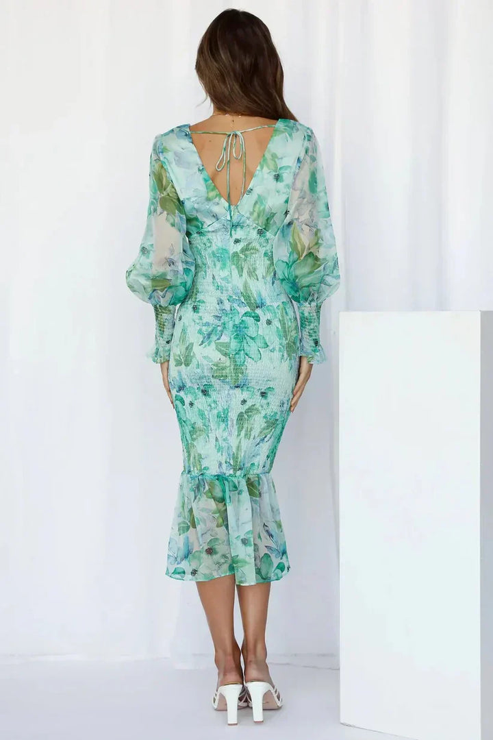 Tirenta | Robe Midi Fleurie à Manches Bouffantes