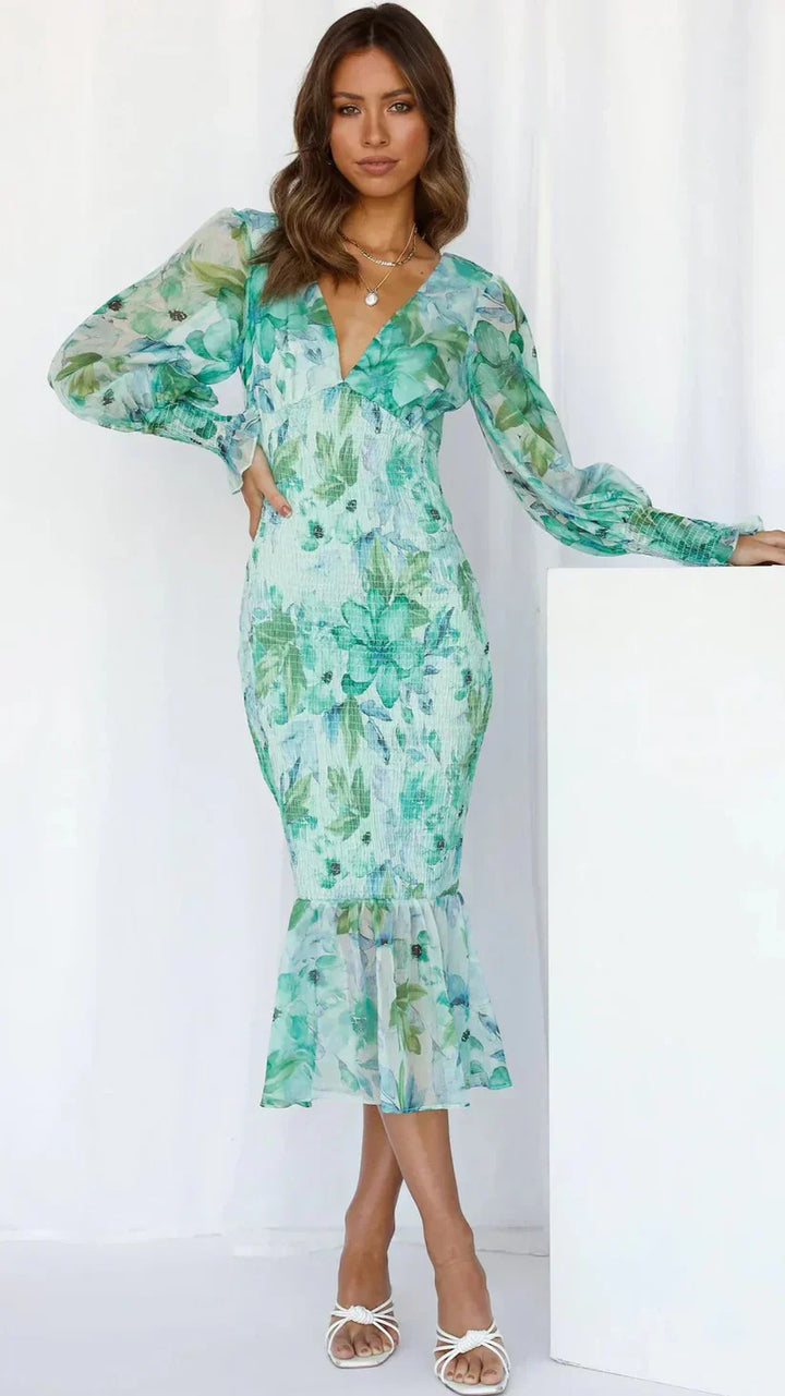 Tirenta | Robe Midi Fleurie à Manches Bouffantes