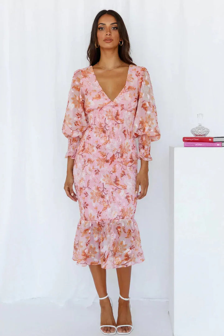 Tirenta | Robe Midi Fleurie à Manches Bouffantes